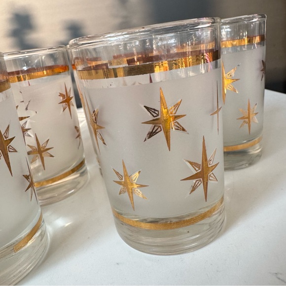 Vintage Dominion Glass Gold & Frosted Starburst Bar Glasses Glassware Set of 6 - Picture 4 of 4